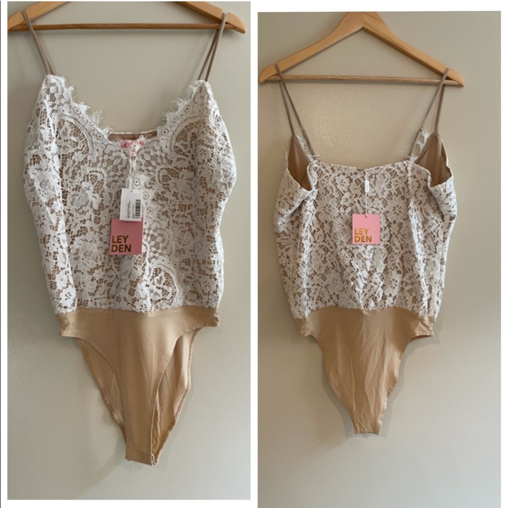 NWT (L) eyelash cream lace light caramel tan bodysuit also in S M L and XL